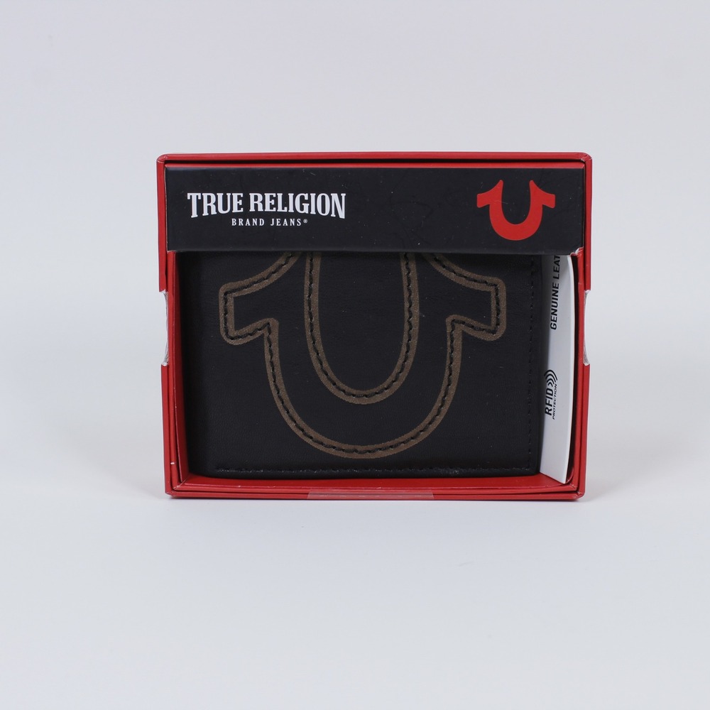 True Religion Men's Black Leather Bifold Wallet Brown Horseshoe Stitch Rfid Nib